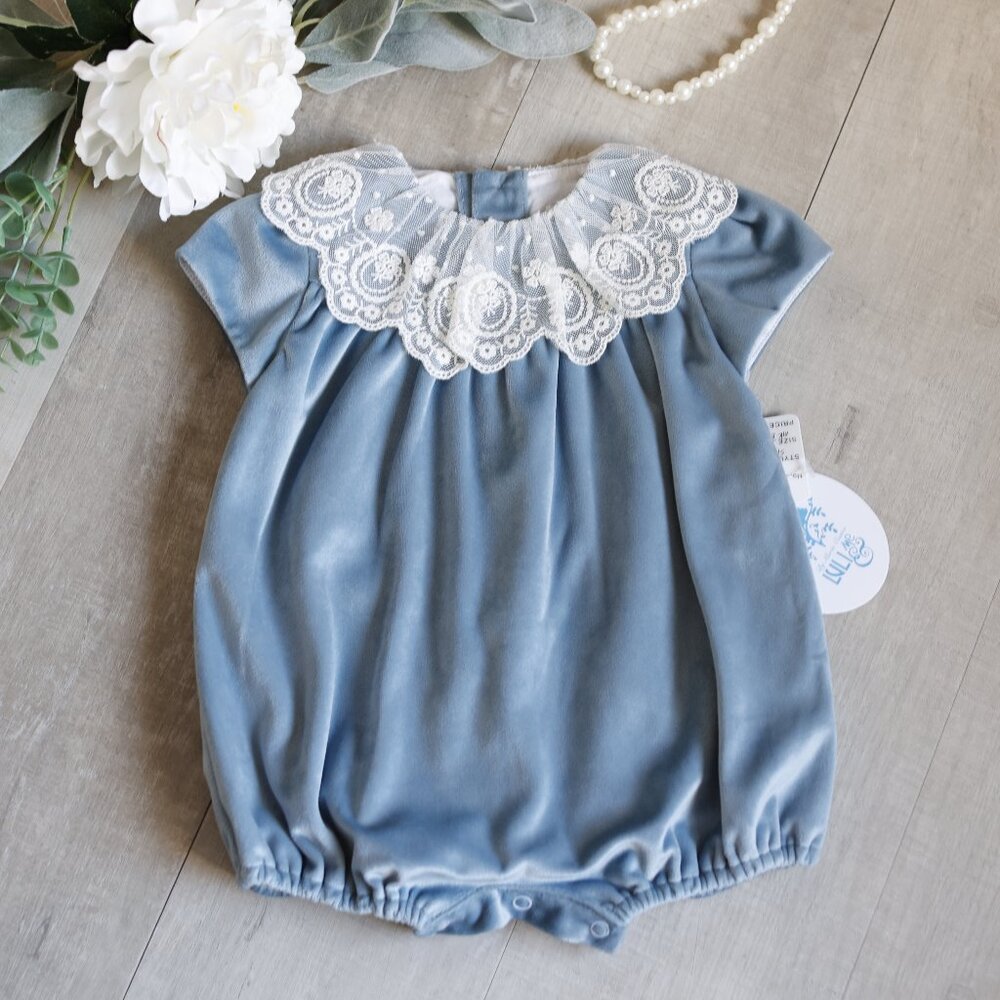 Blue Velvet Romper Vintage Lace Collar Boutique Fall Seasonal Portrait NWT